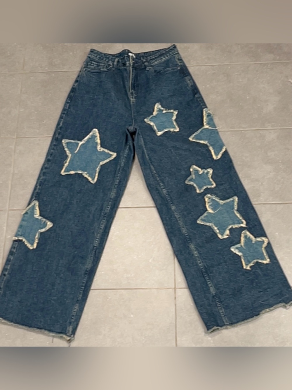 Hot Topic Star Patch Wide Leg Jeans Womens Size 9 Blue Distressed Raw Hem Y2K